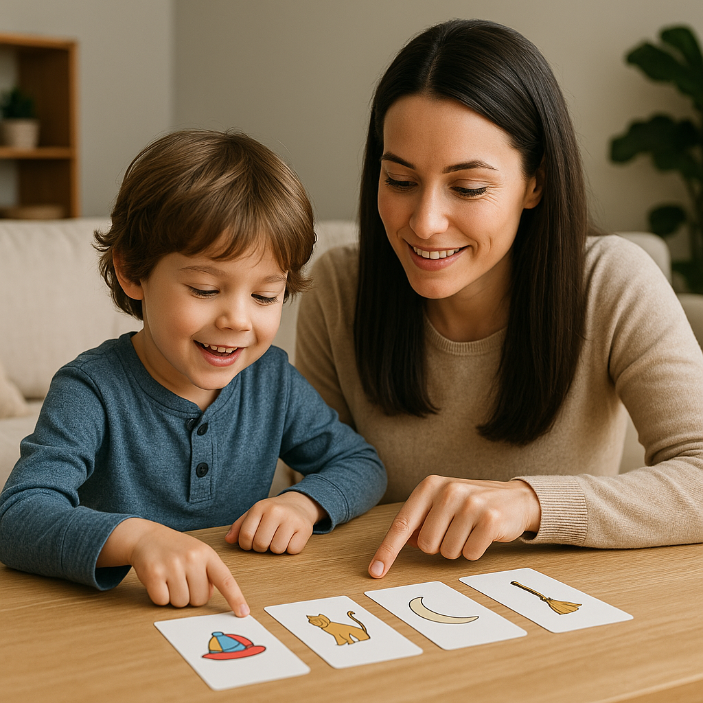 An adult woman and a young boy sit at a table pointing at illustrated picture cards.