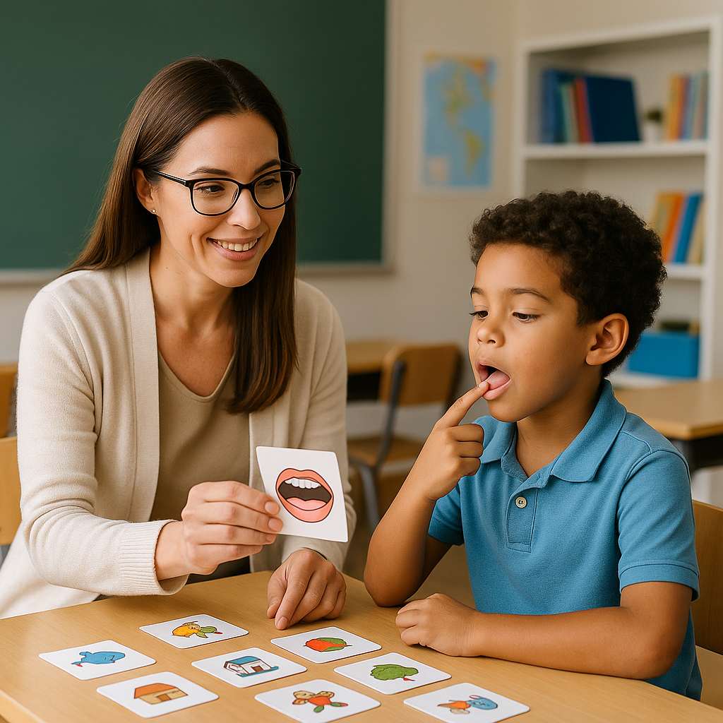 A woman holds a mouth illustration card while a child practices speech at a table with picture cards.