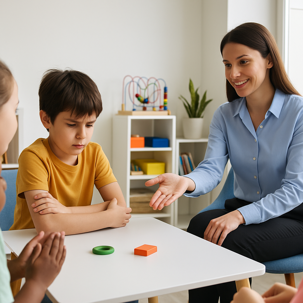 A smiling adult woman reaches toward a seated boy at a small table with a green ring and an orange block while other children are partially visible.
