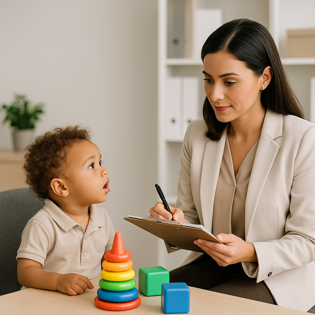 An adult woman writes on a clipboard while a young child looks on next to a colorful stacking ring toy and foam blocks.